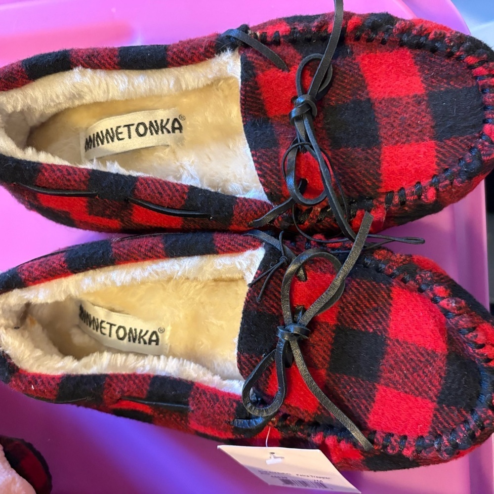 Minnetonka Red and Black Plaid Faux-Fur Lined Moccasin Slippers